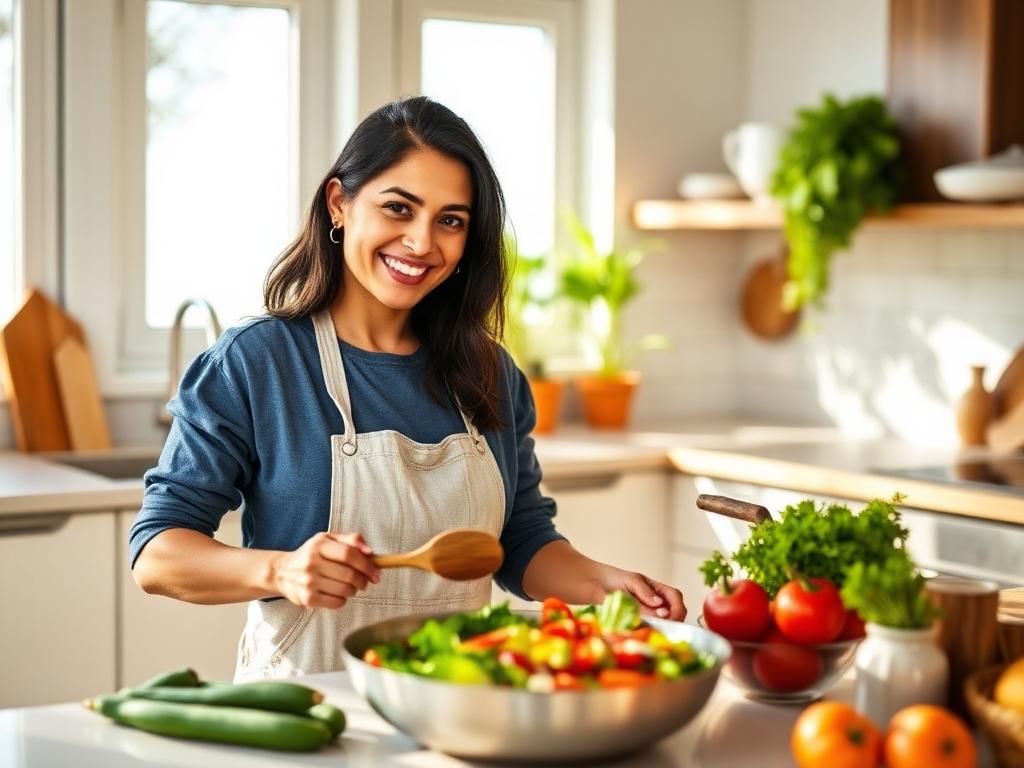 Mujer cocinando feliz una comida vibrante